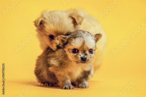 Two tiny chihuahua crossbreed puppies playing together in front of a yellow studio background