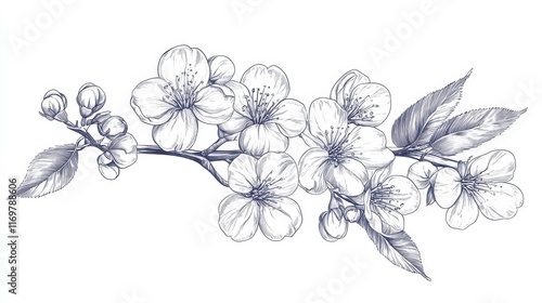 Elegant line drawing of a spring cherry blossom branch, perfect for invitations and cards.