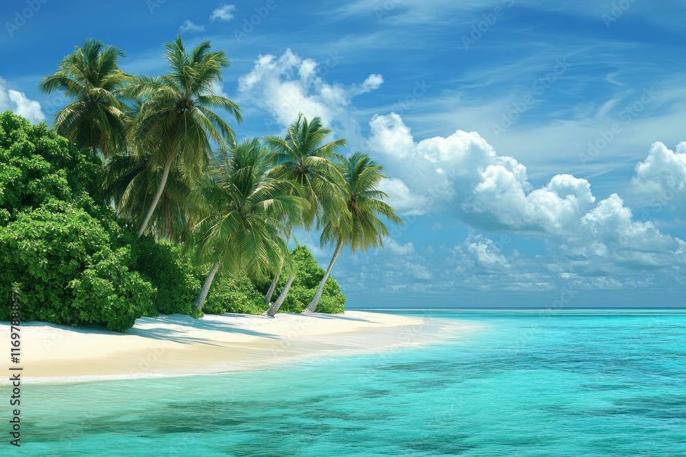Obraz premium Photo of a Maldives tropical beach with palm trees and turquoise water, a summer vacation background. Aerial Coastal Landscape stock. high resolution, highly detailed, high definition, high quality.