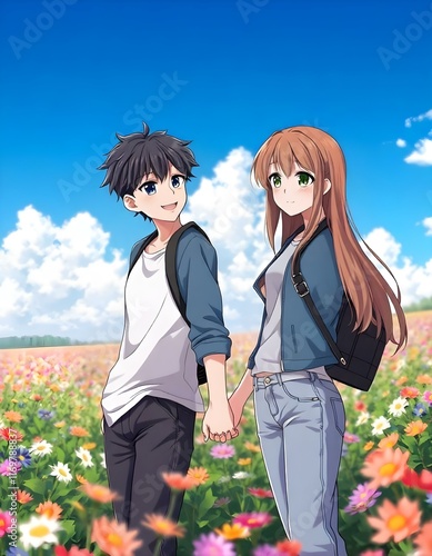 Young Couple Strolling Through Vibrant Flower Field: A Sweet Anime Illustration