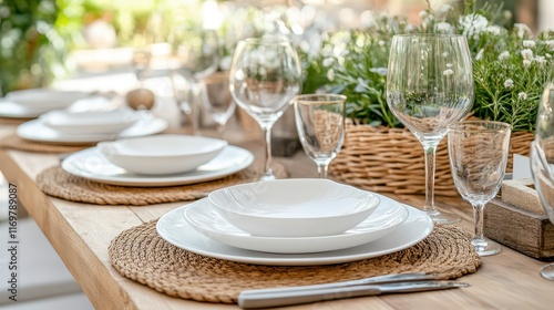 Elegant tableware is beautifully arranged on a white plate atop a rustic table, complemented by a woven placemat. photo