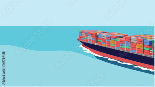Vector illustration of container cargo ship. Global business import export logistic and transportation. International shipping by Container cargo vessel freight in the open sea.