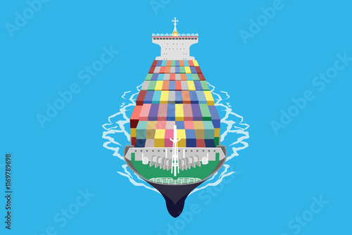 Vector illustration of Container cargo ship in the ocean for international trade and goods delivery. Logistics Delivery. Vessel freight Shipping  logistic global transportation on the sea