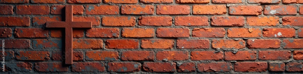 Rough brick wall, shadowed artistic cross, distressed effect, symbol, weathered, vintage Rough brick wall, shadowed artistic cross, distressed effect, symbol, weathered, vintage