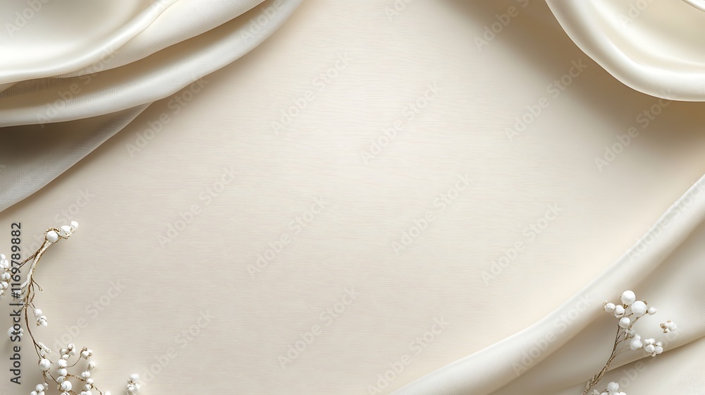 Elegant Cream Silk Fabric Background With White Berries Elegant Cream Silk Fabric Background With White Berries