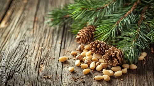 Fresh pine nuts scattered on a rustic wooden surface, accompanied by pine needles, creating a natural and earthy feel. photo