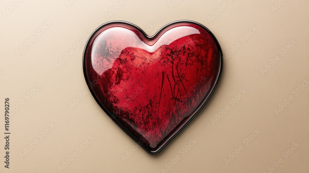 A glossy red heart-shaped object with a textured surface against a neutral background. A glossy red heart-shaped object with a textured surface against a neutral background.