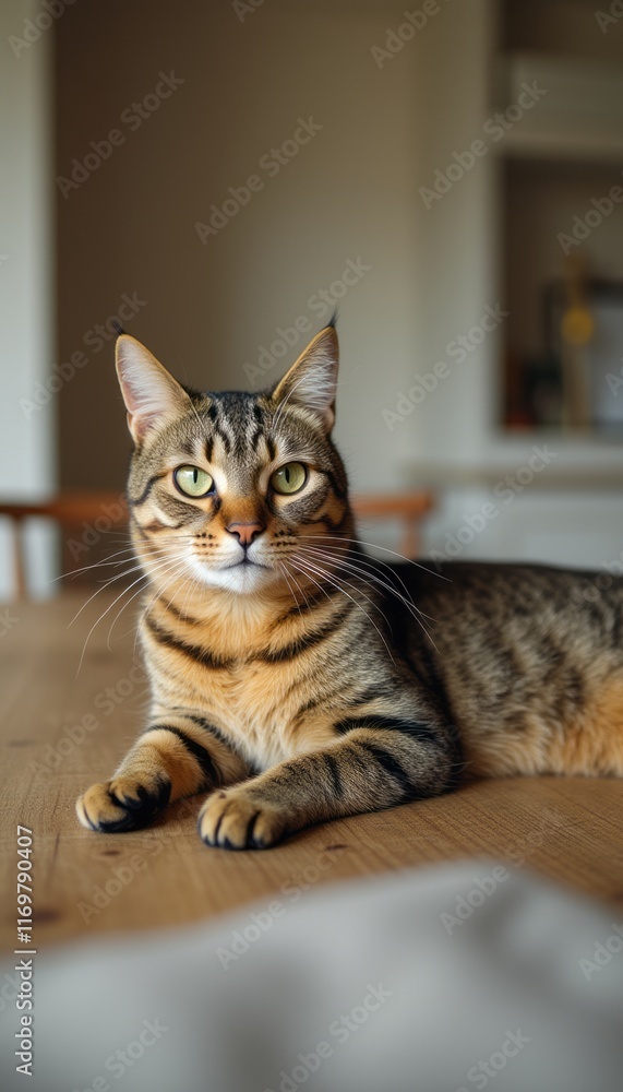 A striking tabby cat with captivating green eyes reclines elegantly on a rustic wooden table, exuding a sense of calm and curiosity. The soft, natural light enhances the cats beautiful fur patterns A striking tabby cat with captivating green eyes reclines elegantly on a rustic wooden table, exuding a sense of calm and curiosity. The soft, natural light enhances the cats beautiful fur patterns