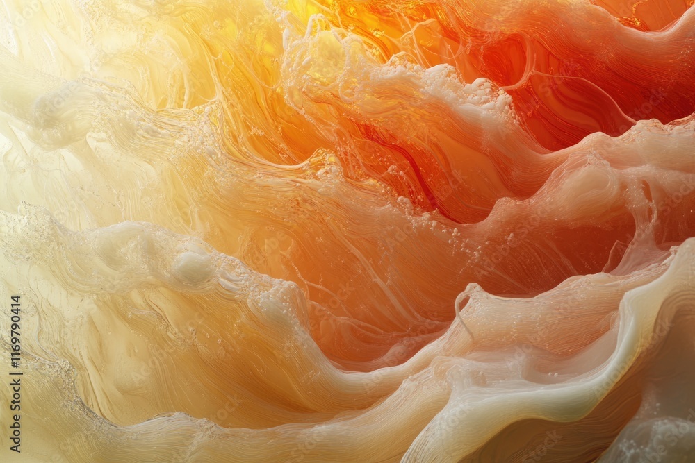 Abstract artwork depicting swirling, translucent orange and beige forms resembling flowing liquid or molten material. Abstract artwork depicting swirling, translucent orange and beige forms resembling flowing liquid or molten material.