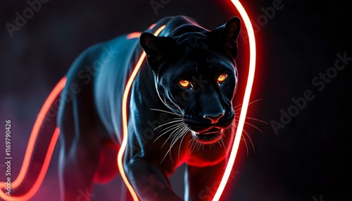 Majestic Black Panther Illuminated by Neon Light: A Fiery Night Portrait