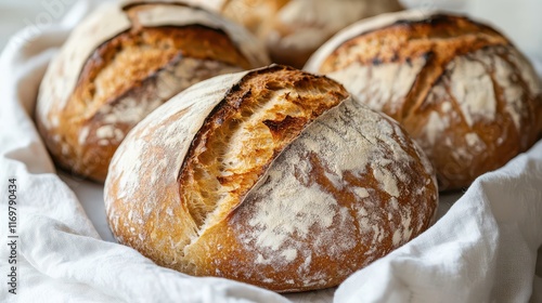 Freshly baked artisan bread loaves with golden crusts resting on a white cloth, showcasing a perfect blend of texture and warmth. photo