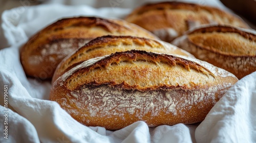 Freshly baked artisan bread loaves with golden crusts resting on a white cloth, showcasing a perfect blend of texture and warmth. photo