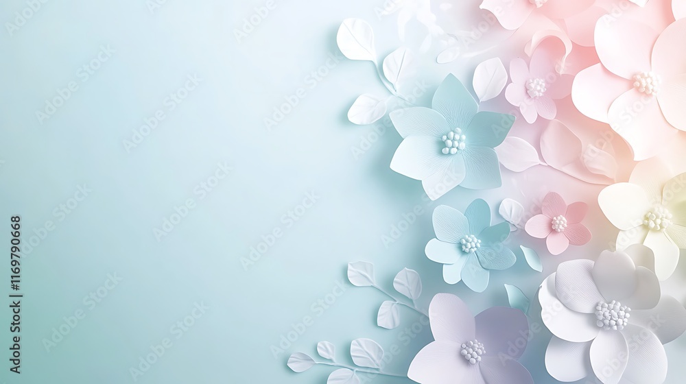Pastel Paper Flowers and Leaves on Blue Background Pastel Paper Flowers and Leaves on Blue Background