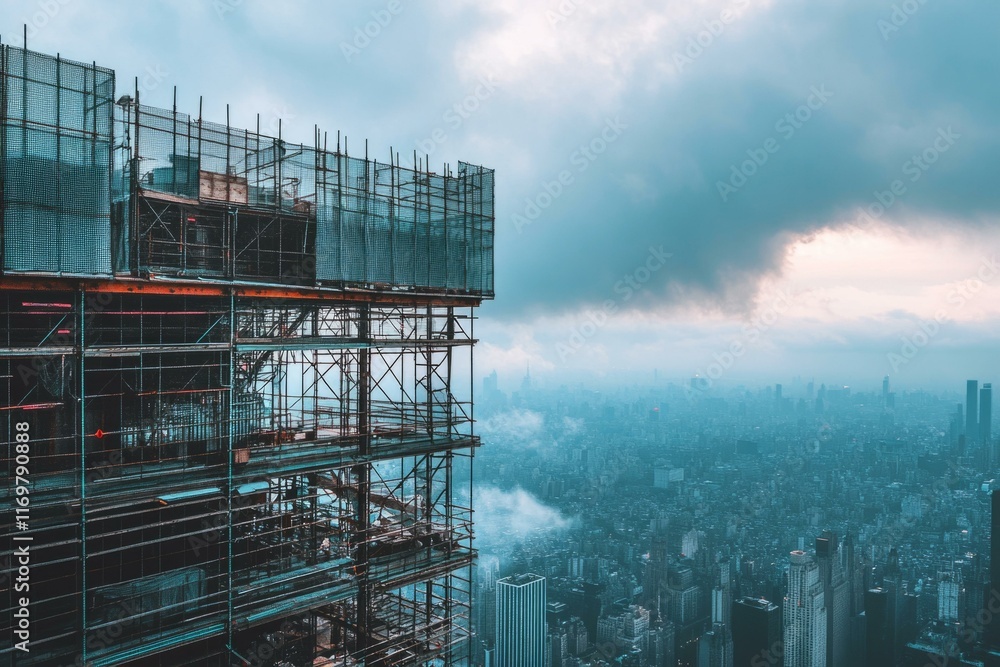 Urban skyline with industrial mesh banner mockup on high-rise building under construction, foggy cityscape background Urban skyline with industrial mesh banner mockup on high-rise building under construction, foggy cityscape background