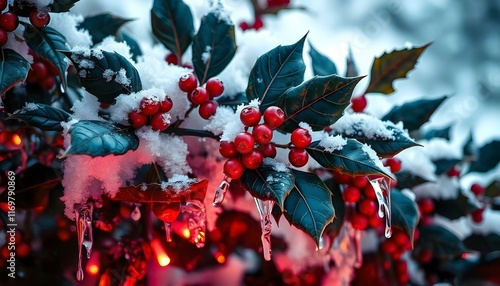 Snow-Kissed Holly Berries: A Festive Winter Wonderland Scene