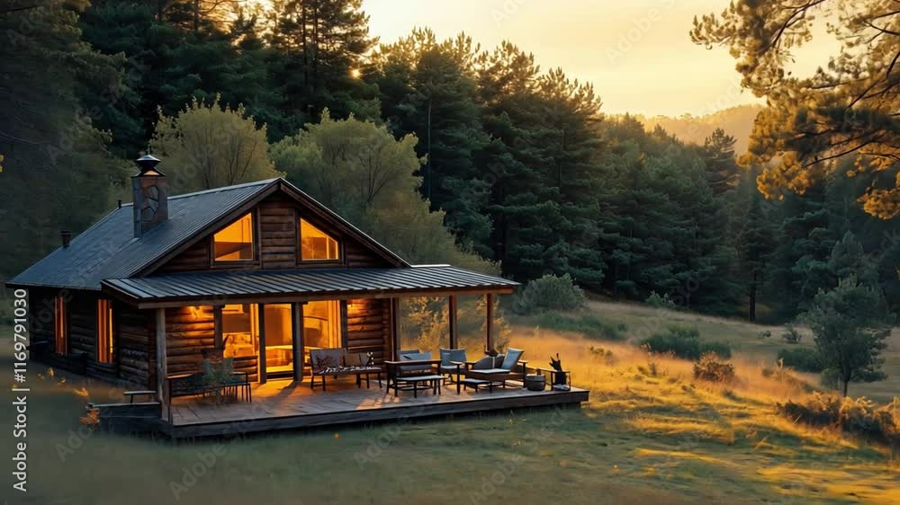 This warm light from the cabin highlights the serene forest landscape at sunset. This warm light from the cabin highlights the serene forest landscape at sunset.