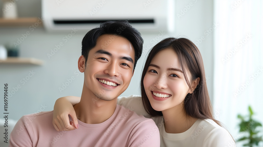 An Asian couple smiling brightly while leaning against a sleek, wall-mounted air conditioner, enjoying the cool breeze in their modern living room. An Asian couple smiling brightly while leaning against a sleek, wall-mounted air conditioner, enjoying the cool breeze in their modern living room.