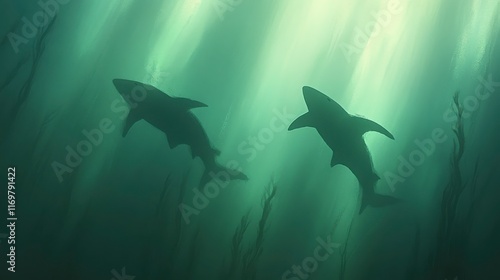 Graceful Sharks Gliding in the Open Ocean Light photo