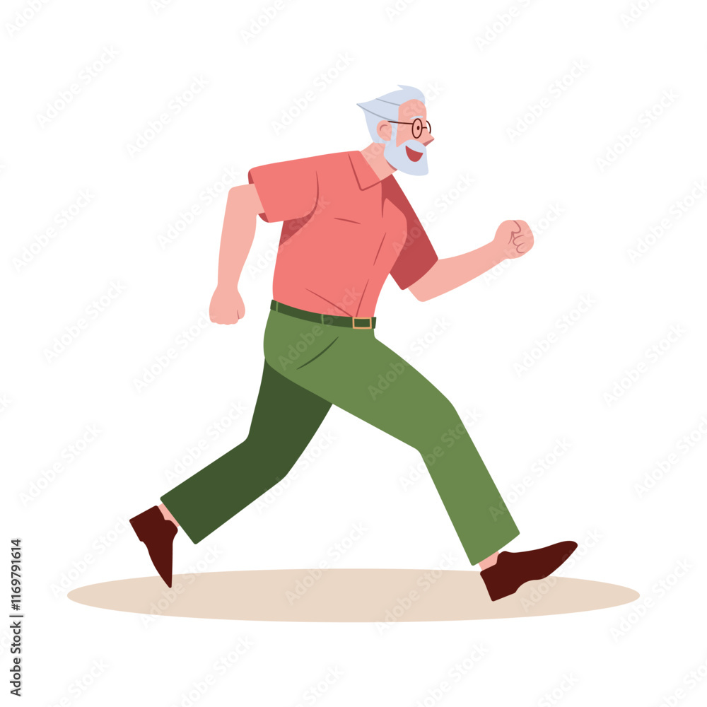 Elderly man running jogging side view, vector illustration isolated on white. Senior man character doing sport. Active healthy lifestyle concept. Outdoor running activity. Elderly man running jogging side view, vector illustration isolated on white. Senior man character doing sport. Active healthy lifestyle concept. Outdoor running activity.