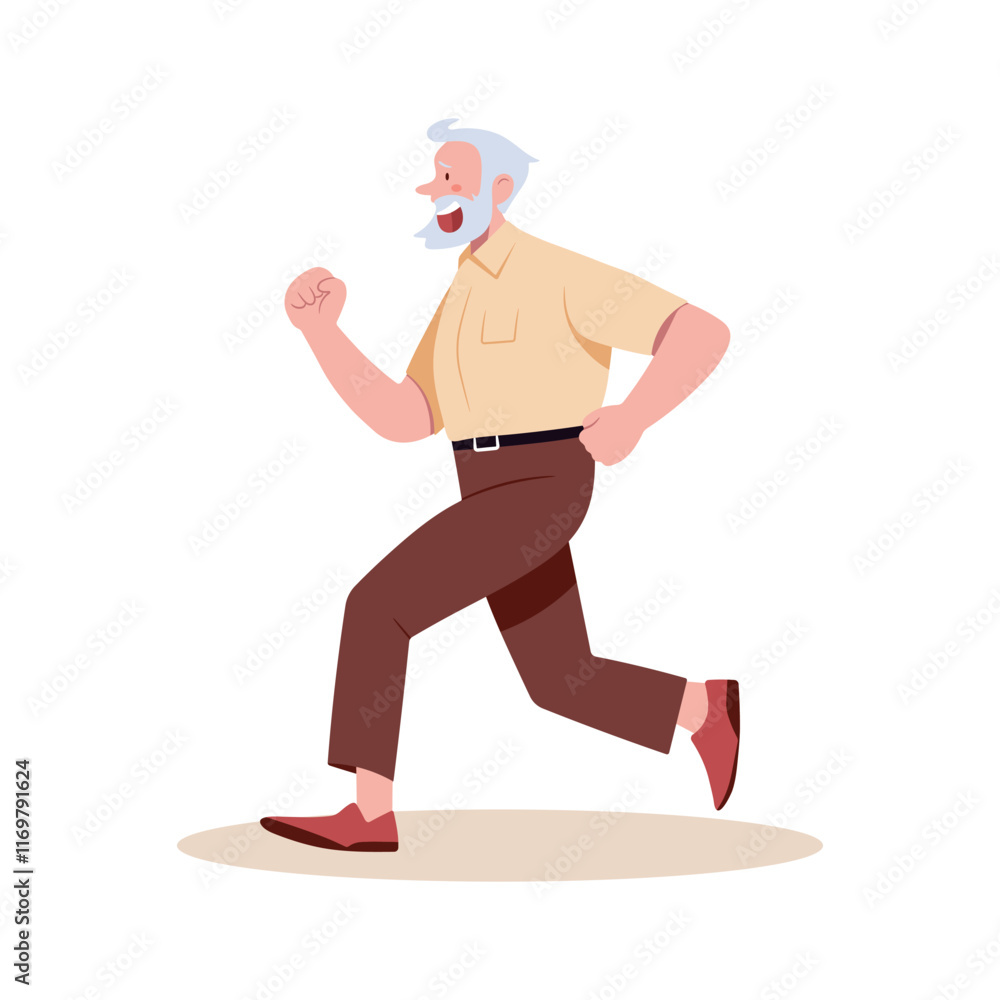 Elderly man running jogging side view, vector illustration isolated on white. Senior man character doing sport. Active healthy lifestyle concept. Outdoor running activity. Elderly man running jogging side view, vector illustration isolated on white. Senior man character doing sport. Active healthy lifestyle concept. Outdoor running activity.