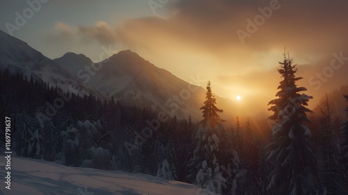 Polish Tatra Mountains sunset in winter snow weather at Kopa Kondracka
