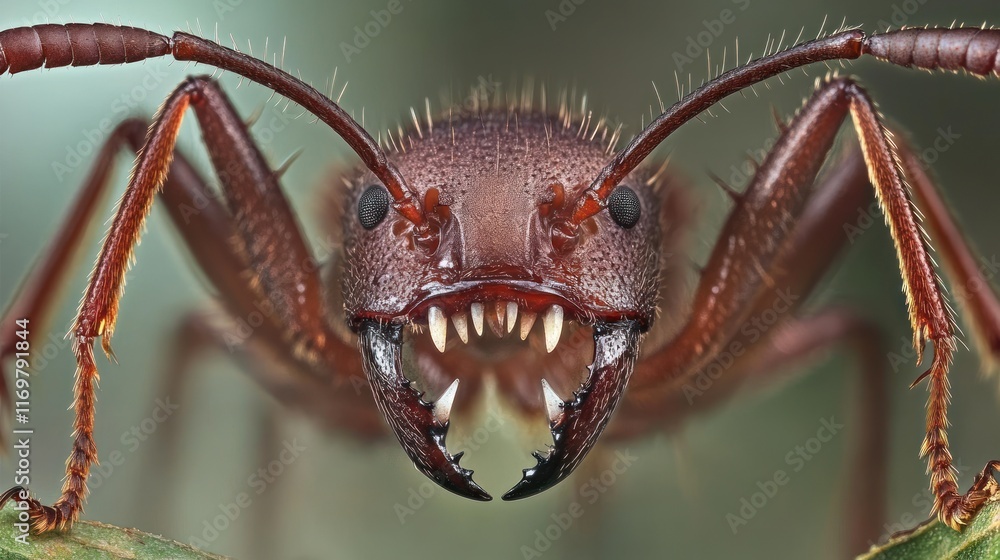 Close-up of a large red ant's head and mandibles. Close-up of a large red ant's head and mandibles.