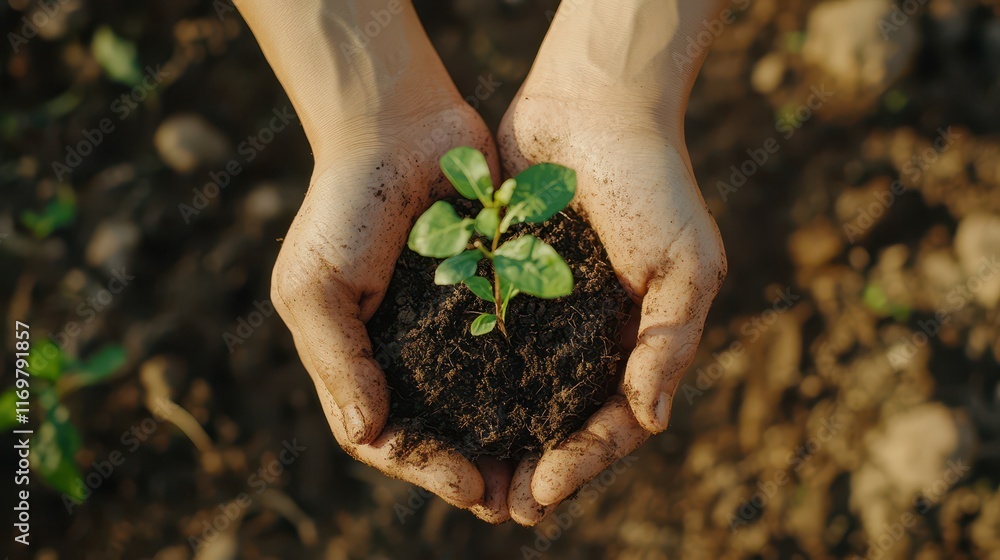 Fototapeta premium Hands gently holding a seedling ready to be planted, symbolizing environmental protection and the nurturing of nature for a sustainable future.