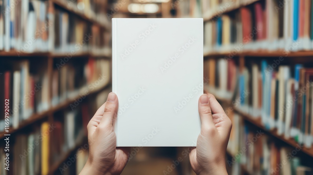 Hands hold a book with a blank white cover in a library setting, ideal for showcasing a mockup of book cover designs.