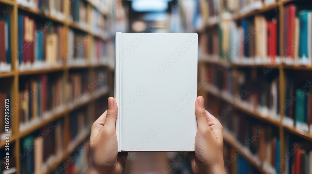Hands hold a book with a blank white cover in a library setting, ideal for showcasing a mockup of book cover designs.