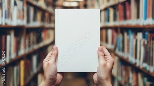 Hands hold a book with a blank white cover in a library setting, ideal for showcasing a mockup of book cover designs. photo