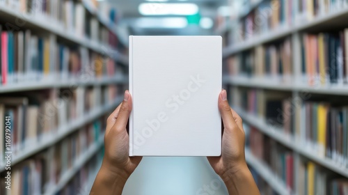 Hands hold a book with a blank white cover in a library setting, ideal for showcasing a mockup of book cover designs. photo