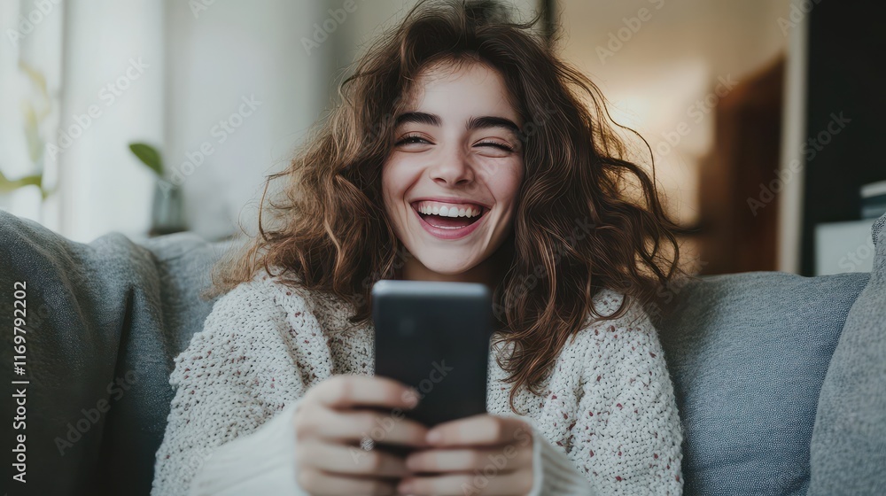 Happy, excited young woman holding a smartphone while sitting on a sofa at home. Happy, excited young woman holding a smartphone while sitting on a sofa at home.