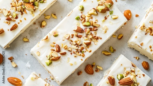 Homemade sweet white nougat bars adorned with a mix of nuts, presenting a delicious and artisanal treat. photo