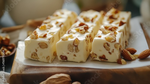 Homemade sweet white nougat bars adorned with a mix of nuts, presenting a delicious and artisanal treat.
