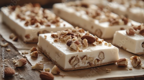 Homemade sweet white nougat bars adorned with a mix of nuts, presenting a delicious and artisanal treat.