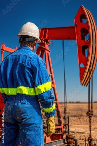 Industrial Worker Observing Oil Pump Jack in Clear Blue Sky photo