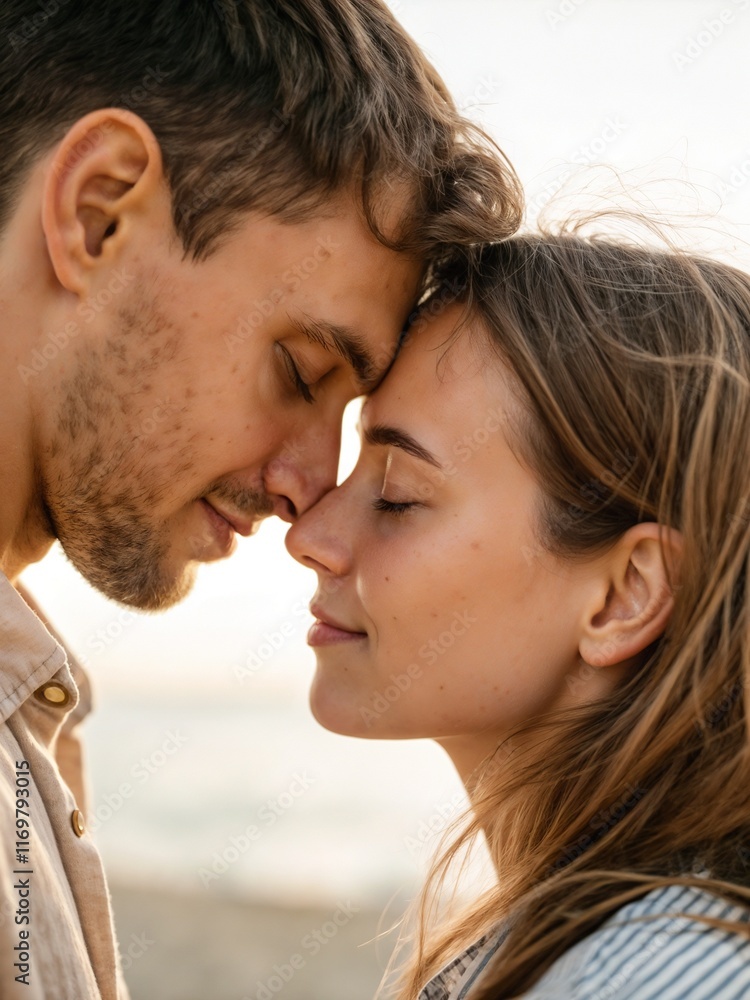 Gentle man kissing his happy girlfriend's forehead against a beach backdrop, couple kissing Gentle man kissing his happy girlfriend's forehead against a beach backdrop, couple kissing