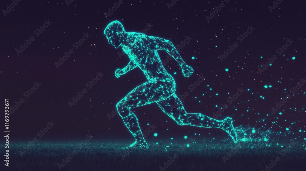 Fototapeta premium Futuristic Running Silhouette Made of Glowing Particles at Night
