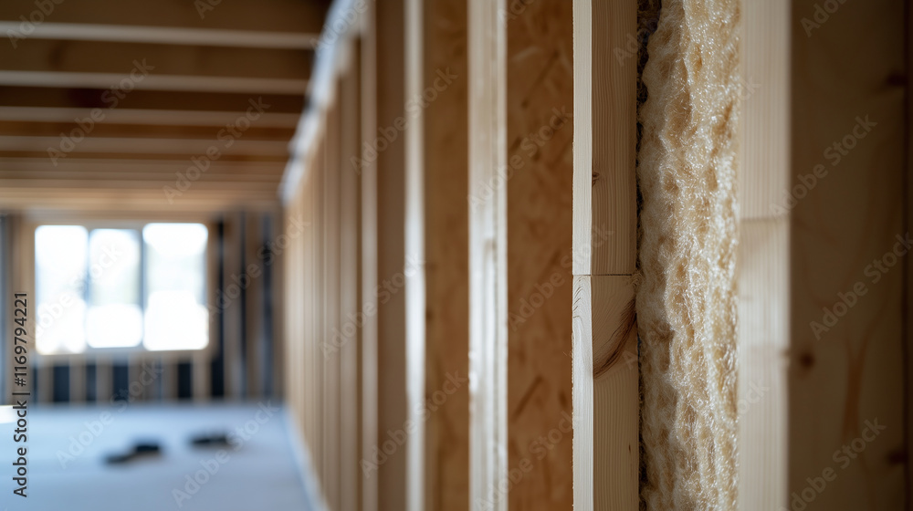 Close-up of mineral wool panels perfectly fitted within the wooden frame of a house under construction, highlighting its effectiveness for thermal insulation. Close-up of mineral wool panels perfectly fitted within the wooden frame of a house under construction, highlighting its effectiveness for thermal insulation.