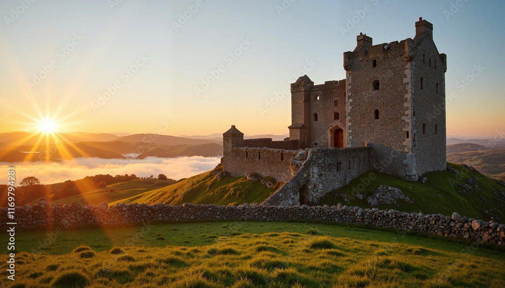 Majestic ancient Irish castle at sunrise, timeless beauty Majestic ancient Irish castle at sunrise, timeless beauty