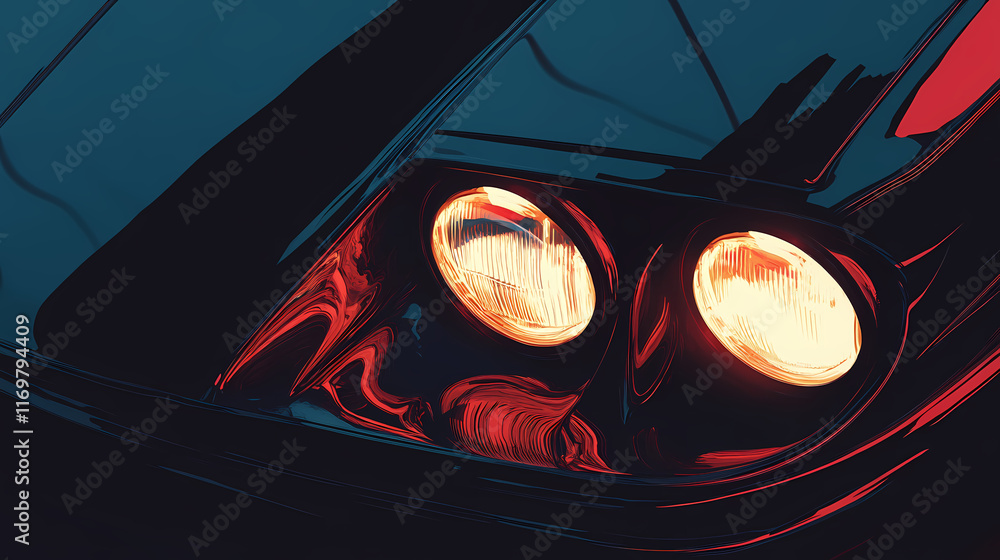 Close-up of car headlight with xenon light on black sports car. Shadowlight. Illustration Close-up of car headlight with xenon light on black sports car. Shadowlight. Illustration