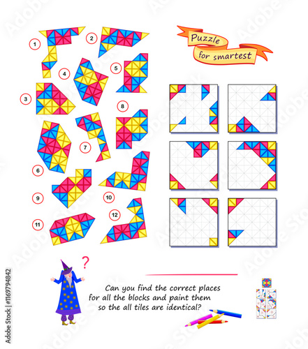 Logic puzzle game for smartest. Can you find correct places for all blocks and paint them so the all tiles are identical? Coloring book. Brain teaser book. Developing spatial thinking. Vector image.