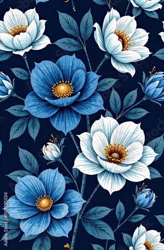 Floral pattern featuring blue and white flowers on a dark background with delicate leaves