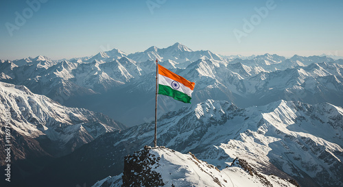 Indian Flag on Snowy Mountain Peak Majestic Himalayan Landscape