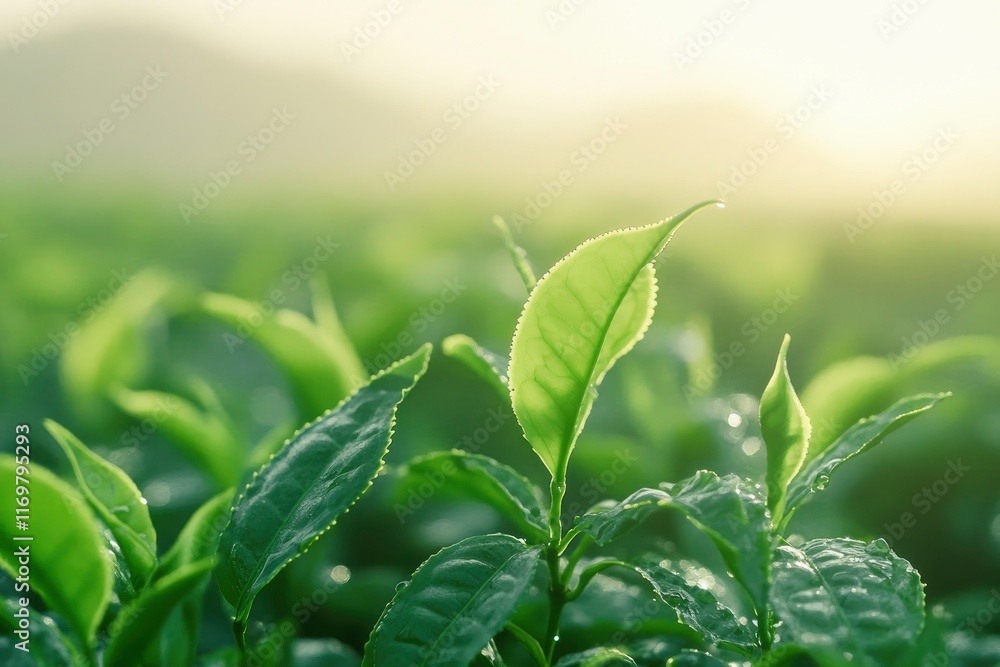 Obraz premium Photo of green tea plantation in the mountains, sunrise light, foggy weather, close up.