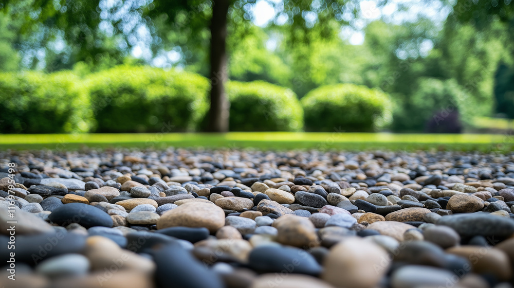 Obraz premium Piles of river stones and gravel in a landscaped outdoor space, symbolizing versatility in home decoration.