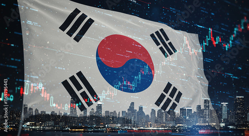South Korea Flag Cityscape Stock Market Finance Business Economy Technology Growth Investment