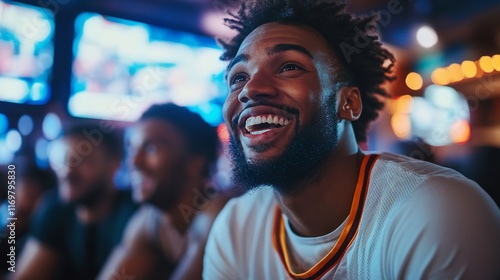 Happy man watching a sports game on TV at a bar with friends.