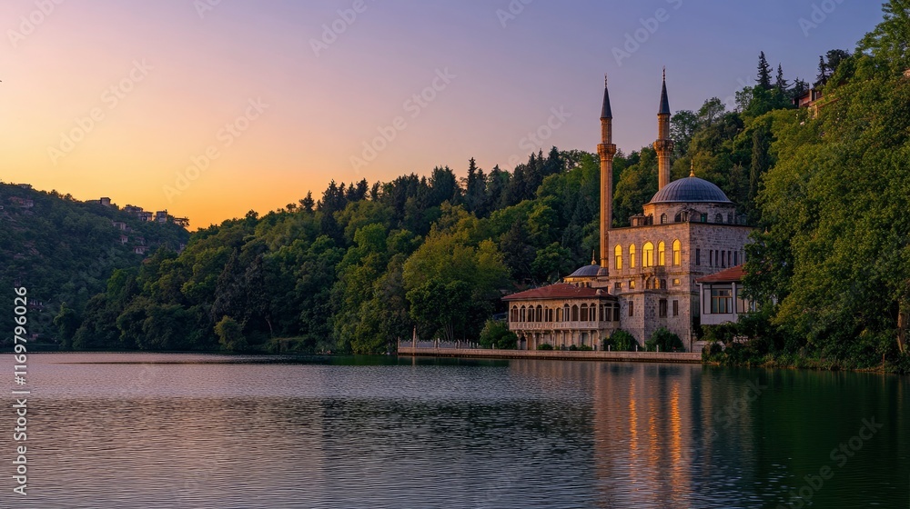 Fototapeta premium Photo of Prince Ch gradient blue sky with the reflection on water surface at sunset, distant view set in front and right side is rugged majestic grand building that looks like an mosque located near