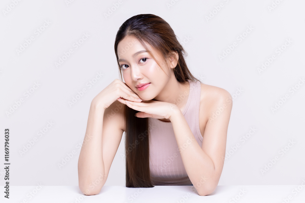 Beautiful long smooth hair Asian woman with happy clean skin face isolated on white background. Beautiful long smooth hair Asian woman with happy clean skin face isolated on white background.
